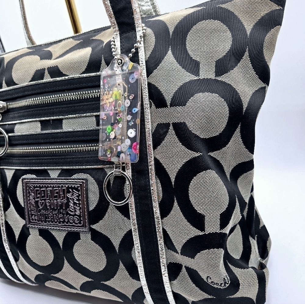 COACH Poppy Canvas Tote Black Op C Print Purple Lining Large Sequence Tag - Picture 6 of 14